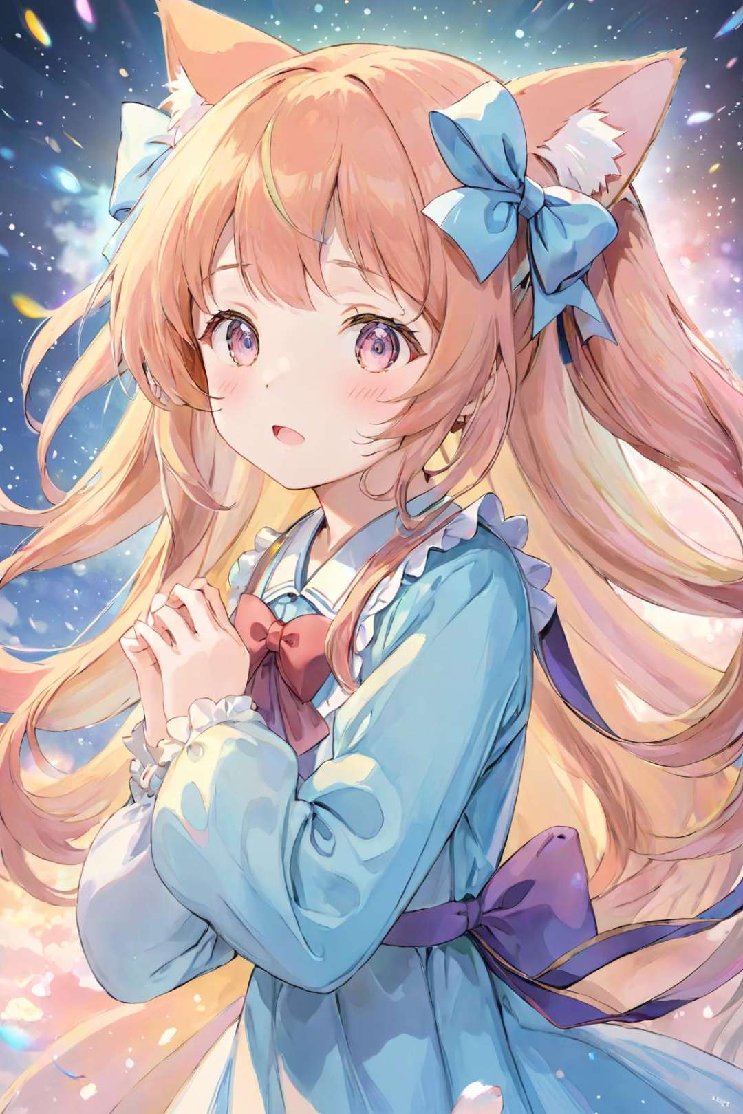 ultra-detailed,(best quality),((masterpiece)),(highres),original,extremely detailed 8K wallpaper,(an extremely delicate and beautiful),anime,momoko,\\,1girl, solo, animal ears, closed eyes, long sleeves, blush, traditional media, twintails, colored pencil (medium), facing viewer, bow, dress, bangs, parted lips, open mouth, medium hair, colored pencilmonochrome,comic,<lora:colored penci_xll:0.3> <lora:moriti_xl:0.3>