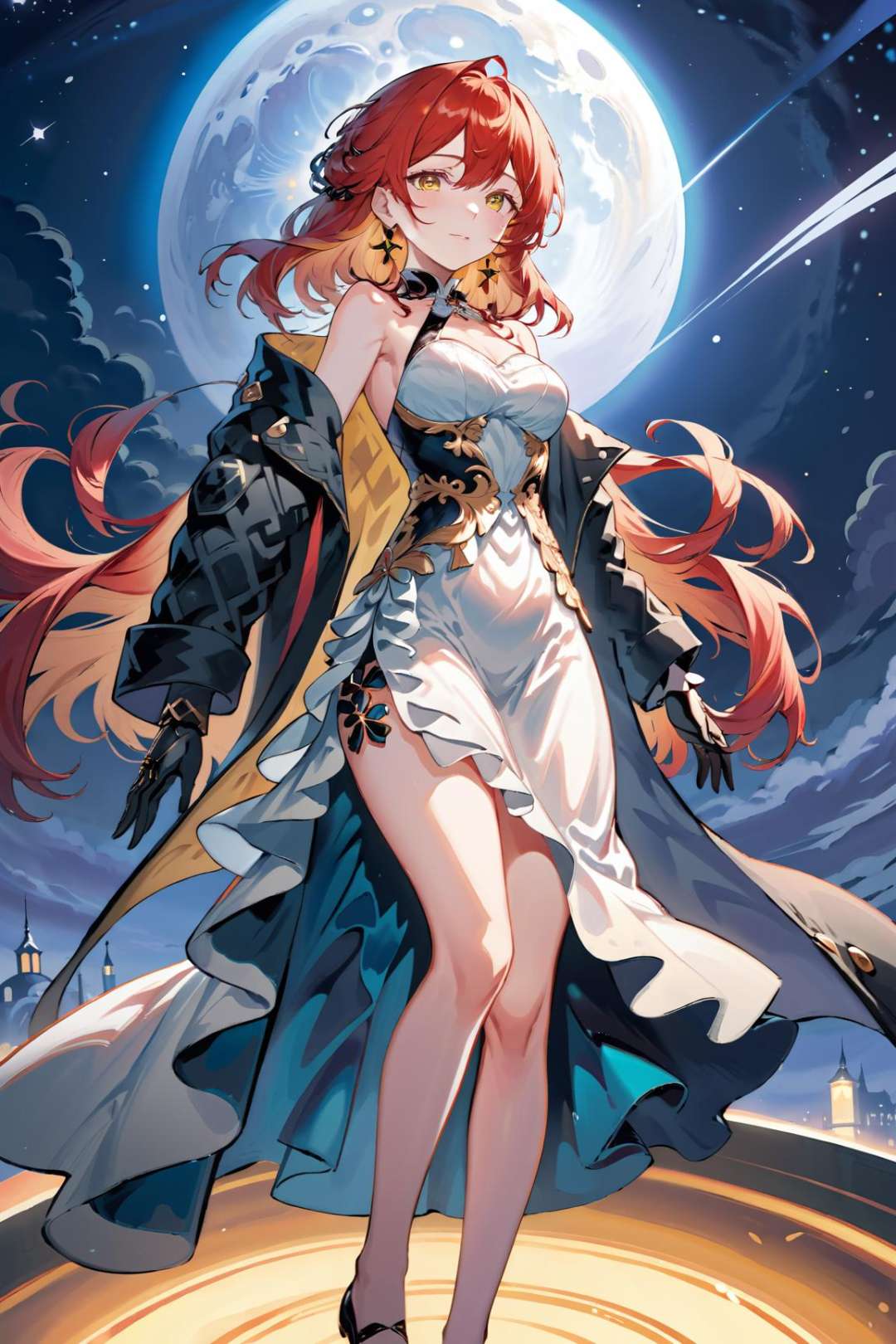 ultra-detailed,(best quality),((masterpiece)),(highres),original,extremely detailed 8K wallpaper,(an extremely delicate and beautiful),((detailed face)),beautiful detail eyes,anime,Line,jizi,1girl,dress,solo,gloves,white dress,full body,red hair,black gloves,bangs,yellow eyes,breasts,long hair,cleavage,closed mouth,sky,black footwear,murata himeko,single glove,looking at viewer,hair between eyes,star (sky),jewelry,night sky,jacket,coat,smile,hair ornament,standing,sleeveless dress,earrings,bare shoulders,// <lora:jizi-sdxl:0.7>