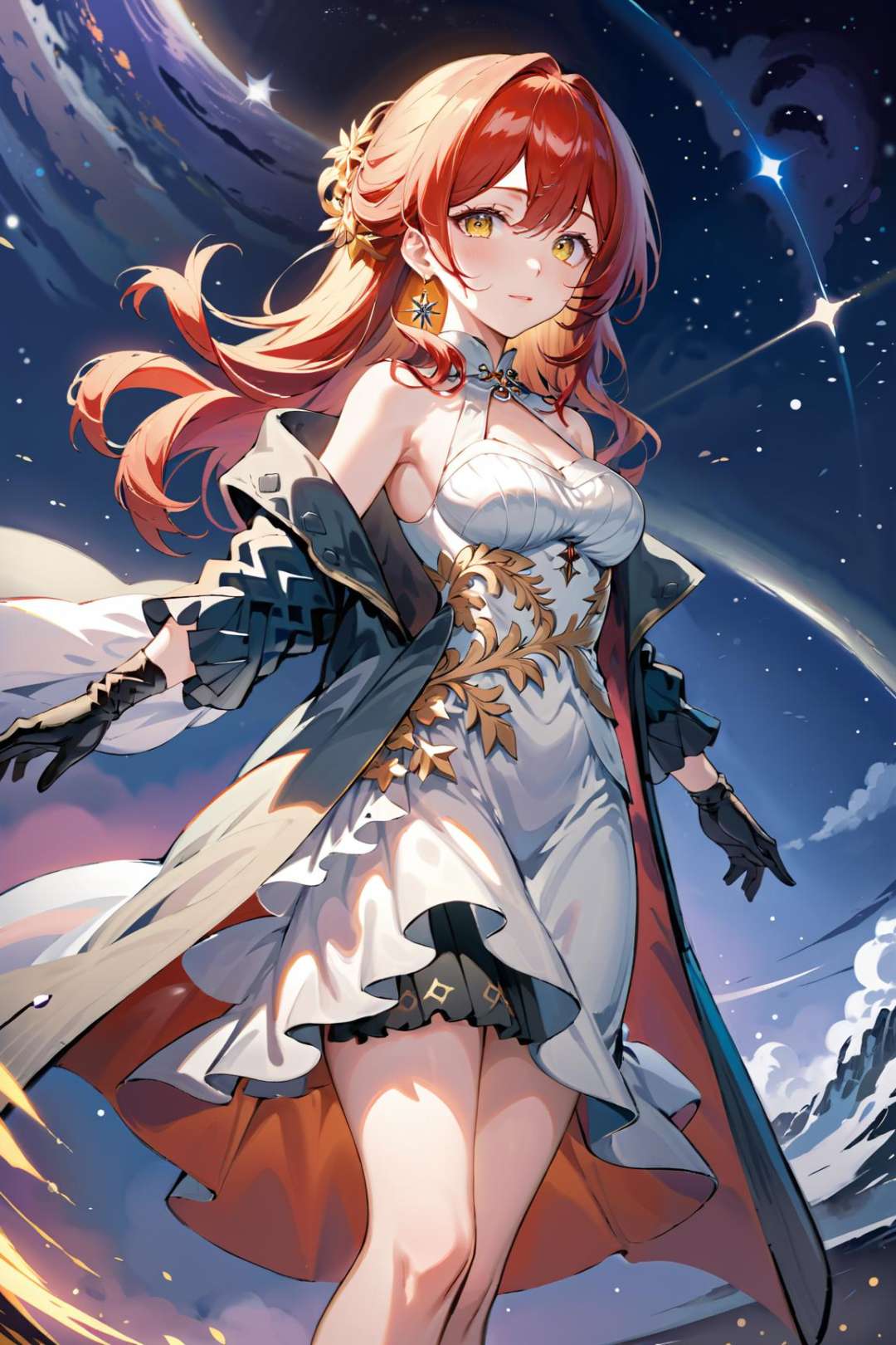 ultra-detailed,(best quality),((masterpiece)),(highres),original,extremely detailed 8K wallpaper,(an extremely delicate and beautiful),((detailed face)),beautiful detail eyes,anime,Line,jizi,1girl,dress,solo,gloves,white dress,full body,red hair,black gloves,bangs,yellow eyes,breasts,long hair,cleavage,closed mouth,sky,black footwear,murata himeko,single glove,looking at viewer,hair between eyes,star (sky),jewelry,night sky,jacket,coat,smile,hair ornament,standing,sleeveless dress,earrings,bare shoulders,// <lora:jizi-sdxl:0.7>