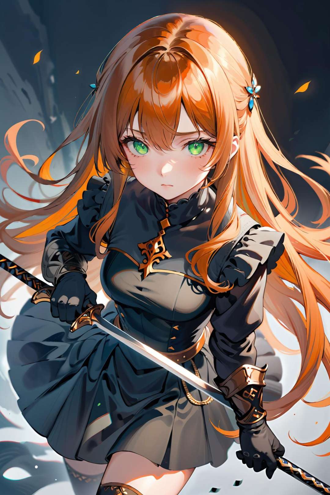 ultra-detailed,(best quality),((masterpiece)),(highres),original,extremely detailed 8K wallpaper,(an extremely delicate and beautiful),((detailed face)),beautiful detail eyes,anime1girl, solo, long hair, gloves, green eyes, holding, black gloves, looking at viewer, hair between eyes, weapon, closed mouth, bangs, long sleeves, orange hair, pantyhose, holding weapon, skirt, white background, sword, jewelry, dress, black dress, frills, from above,