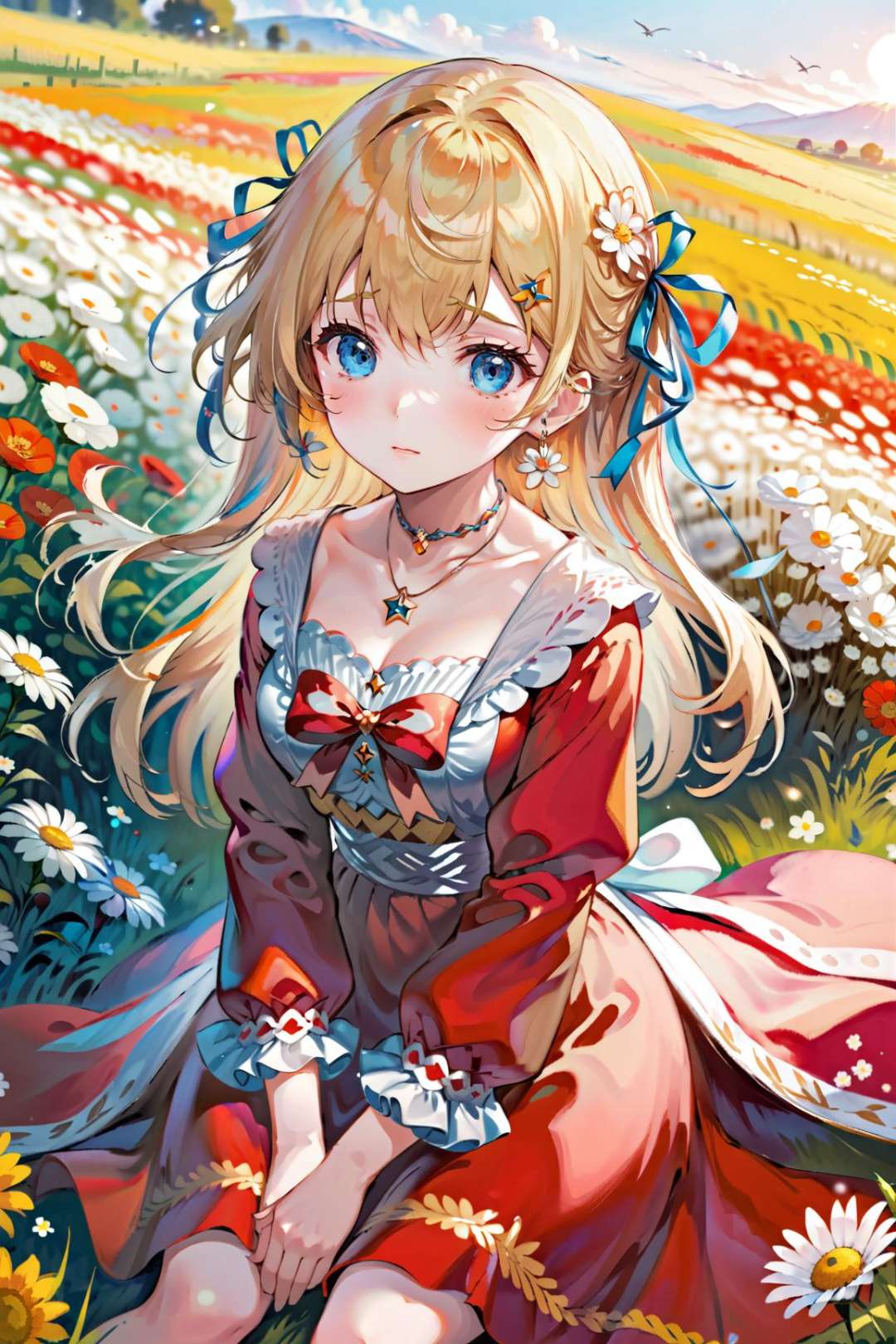 ultra-detailed,(best quality),((masterpiece)),(highres),original,extremely detailed 8K wallpaper,(an extremely delicate and beautiful),((detailed face)),beautiful detail eyes,anime1girl lying, in a field of flowers, red dress, white flower, earrings, looking at viewer, blue eyes, red ribbon, necklace, long sleeves, blonde hair, short hair, daisy<lora:pencil-v1:0.5> <lora:moriti_xl:0.5>