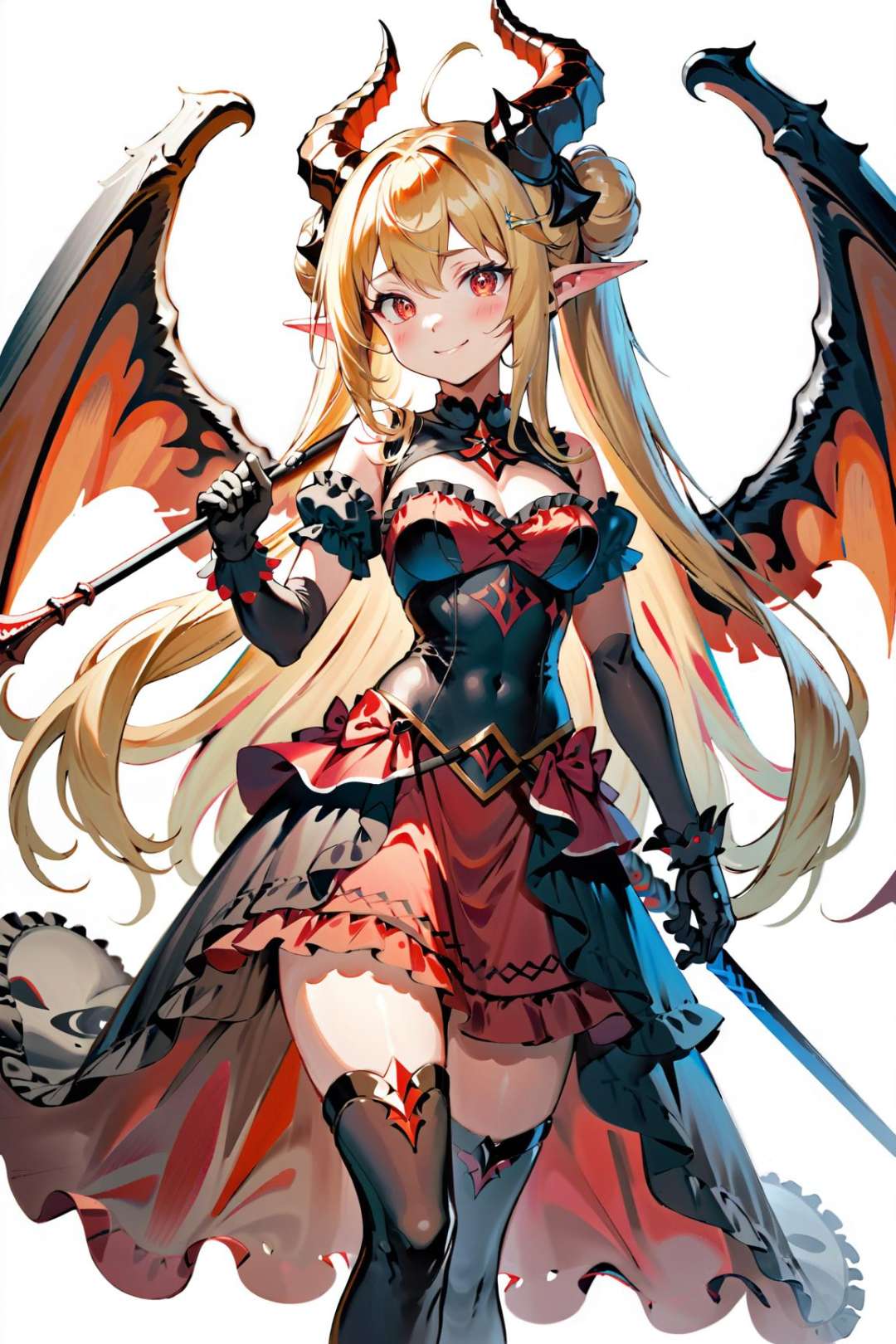 ultra-detailed,(best quality),((masterpiece)),(highres),original,extremely detailed 8K wallpaper,(an extremely delicate and beautiful),((detailed face)),beautiful detail eyes,anime1girl, horns, long hair, solo, wings, polearm, hat, weapon, blonde hair, boots, knee boots, looking at viewer, gloves, dress, short sleeves, pointy ears, smile, hand on hip, holding, white background, very long hair, ascot, black gloves, bangs, holding weapon, frills, hair bun, demon horns, hairband, demon girl, simple background, red headwear, black footwear, spear, red hairband, frilled dress, holding polearm<lora:pencil_xl:0.3>