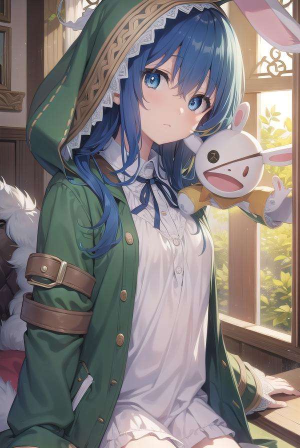 dalyoshino, <lora:yoshino-lora-nochekaiser:1>, yoshino, blue eyes, blue hair, long hair,BREAK animal ears, animal hood, boots, coat, eyepatch, green footwear, hand puppet, hood, puppet, rabbit, rabbit ears, stuffed animal, stuffed toy,BREAK looking at viewer, BREAK indoors,BREAK <lyco:GoodHands-beta2:1>, (masterpiece:1.2), best quality, high resolution, unity 8k wallpaper, (illustration:0.8), (beautiful detailed eyes:1.6), extremely detailed face, perfect lighting, extremely detailed CG, (perfect hands, perfect anatomy),