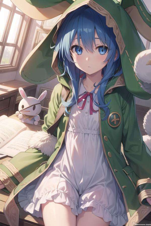 dalyoshino, <lora:yoshino-lora-nochekaiser:1>, yoshino, blue eyes, blue hair, long hair,BREAK animal ears, animal hood, boots, coat, eyepatch, green footwear, hand puppet, hood, puppet, rabbit, rabbit ears, stuffed animal, stuffed toy,BREAK looking at viewer, BREAK indoors,BREAK <lyco:GoodHands-beta2:1>, (masterpiece:1.2), best quality, high resolution, unity 8k wallpaper, (illustration:0.8), (beautiful detailed eyes:1.6), extremely detailed face, perfect lighting, extremely detailed CG, (perfect hands, perfect anatomy),