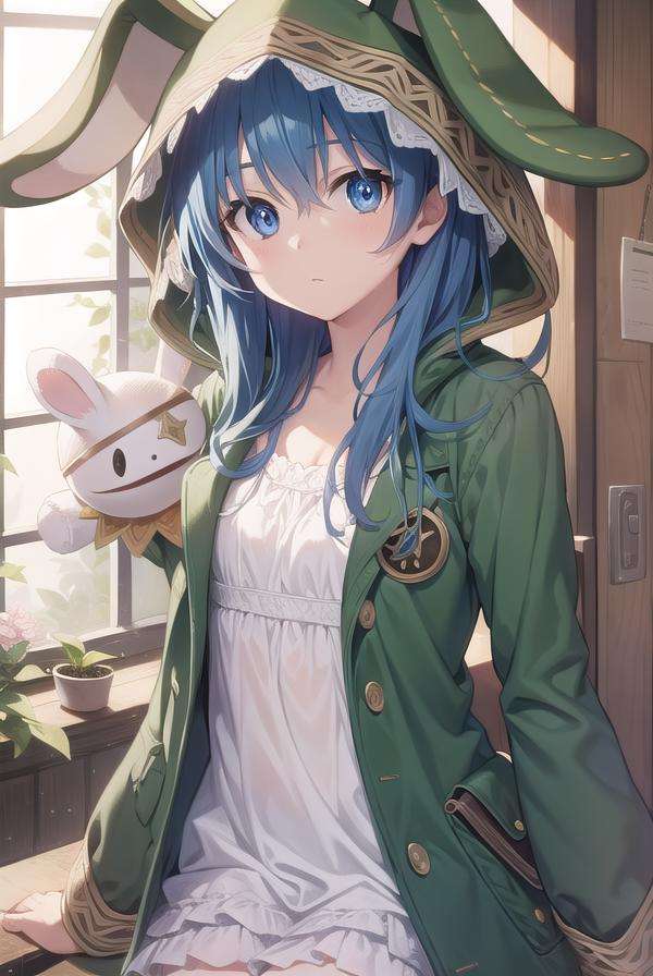 dalyoshino, <lora:yoshino-lora-nochekaiser:1>, yoshino, blue eyes, blue hair, long hair,BREAK animal ears, animal hood, boots, coat, eyepatch, green footwear, hand puppet, hood, puppet, rabbit, rabbit ears, stuffed animal, stuffed toy,BREAK looking at viewer, BREAK indoors,BREAK <lyco:GoodHands-beta2:1>, (masterpiece:1.2), best quality, high resolution, unity 8k wallpaper, (illustration:0.8), (beautiful detailed eyes:1.6), extremely detailed face, perfect lighting, extremely detailed CG, (perfect hands, perfect anatomy),