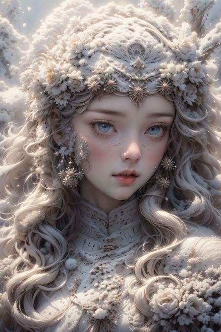 artstudt, (official art, extremely detailed CG unity 8k wallpaper),(1girl:1.3),beautifully detailed eyes, detailed fine nose, detailed fingers, (8k), (best quality), ( masterpiece:1.2), (realistic), ( photorealistic:1.37), extremely detailed1 snow goddess, surrounded by white flowers and snow, wearing a gorgeous white dress with detailed ornaments on her head, extremely detailed, high quality skirt <lora:add_detail:0.5>, white hair, long hair, (no animal),<lora:SnowGoddess:0.7> <lora:BJD_20230725223240:0.4> 