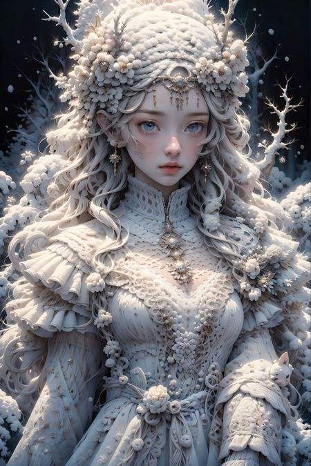 artstudt, (official art, extremely detailed CG unity 8k wallpaper),(1girl:1.3),beautifully detailed eyes, detailed fine nose, detailed fingers, (8k), (best quality), ( masterpiece:1.2), (realistic), ( photorealistic:1.37), extremely detailed1 snow goddess, surrounded by white flowers and snow, wearing a gorgeous white dress with detailed ornaments on her head, extremely detailed, high quality skirt <lora:add_detail:0.5>, white hair, long hair, (no animal),<lora:BJD_20230725223240:0.4> <lora:SnowGoddess-000010:0.7>