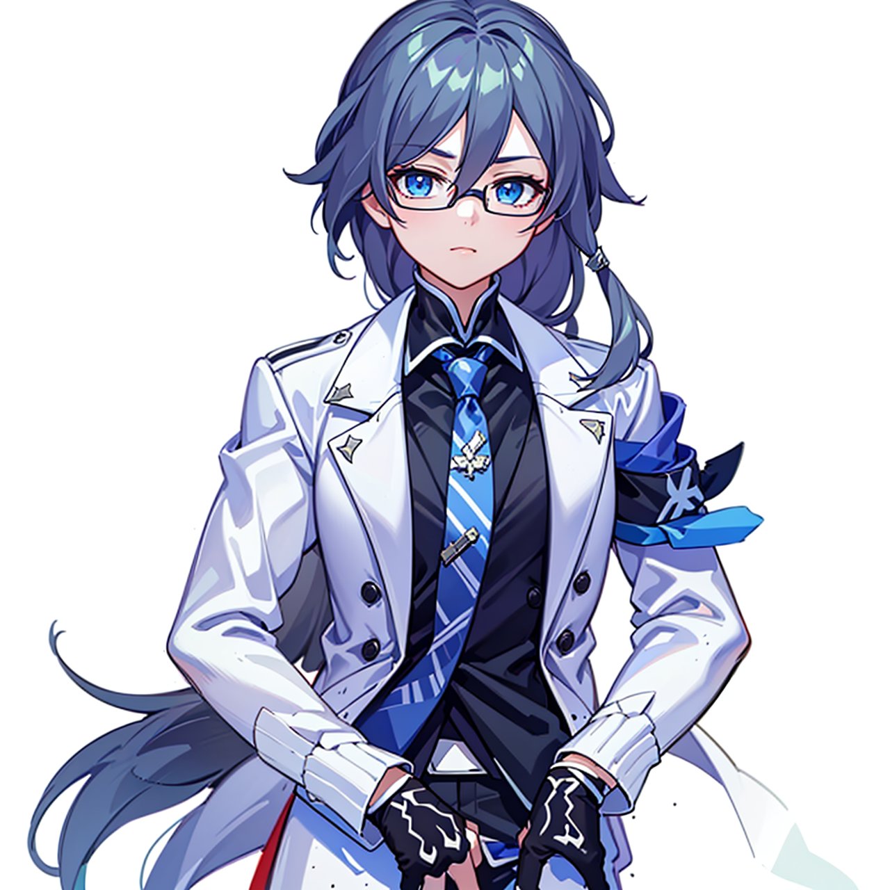 (masterpiece:1.3),(the best quality:1.2),(super fine illustrations:1.2),(Masterpiece),high quality,high detail,(white background:1.2),looking at viewer,(SOLO:1.4),outline,simple background,hair_between_eyes, glasses, suit, fu_hua, blue_eyes