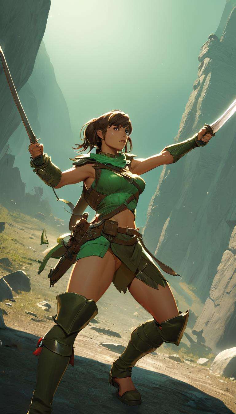 Cinematic scene, hero view, female ranger, a warrior who combats threats on the edges of civilization, action pose, detailed background, masterpiece, best quality, high quality, highres, absurdres, vivid, Dungeons and Dragons <lora:dungeons_and_dragons_xl_v2:1>