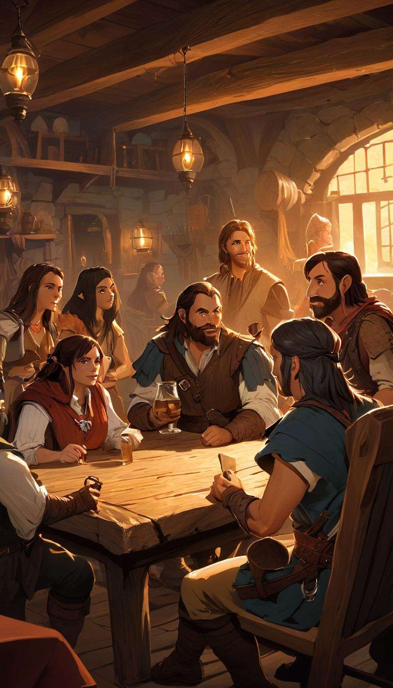 Cinematic scene, a group of adventurers in a tavern, discussing their latest quest and the challenges they faced along the way., detailed background, masterpiece, best quality, high quality, highres, absurdres, vivid, Dungeons and Dragons <lora:dungeons_and_dragons_xl_v2:1>