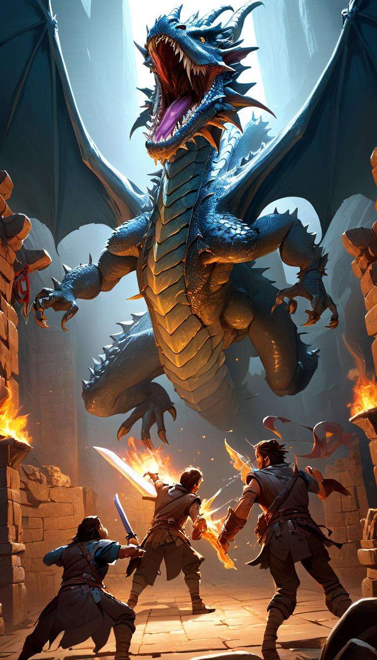 Cinematic scene, hero view, hyperdetailed picture of adventurers fighting a dragon in a dungeon, action pose, detailed background, masterpiece, best quality, high quality, highres, absurdres, vivid, Dungeons and Dragons <lora:dungeons_and_dragons_xl_v2:1>