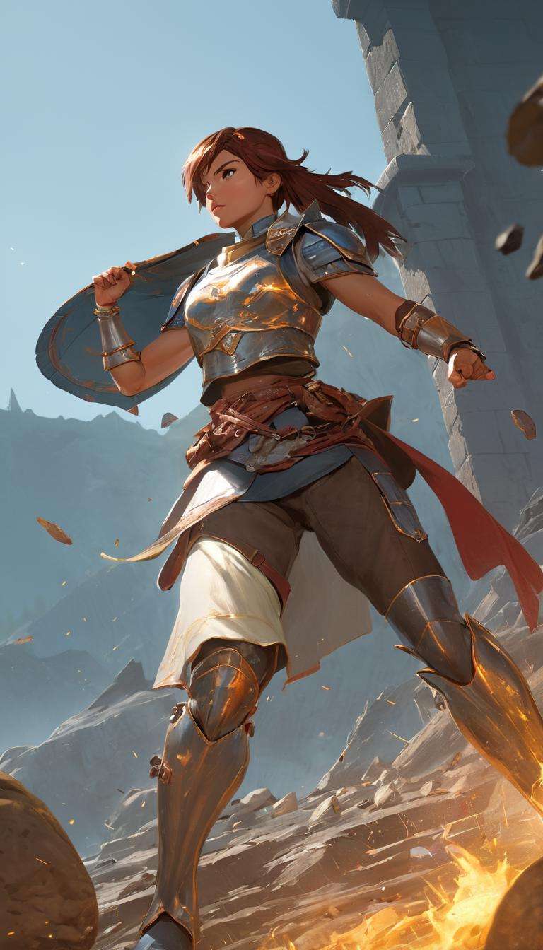 Cinematic scene, hero view, female fighter, a master of martial combat, skilled with a variety of weapons and armor, action pose, detailed background, masterpiece, best quality, high quality, highres, absurdres, vivid, Dungeons and Dragons <lora:dungeons_and_dragons_xl_v2:1>