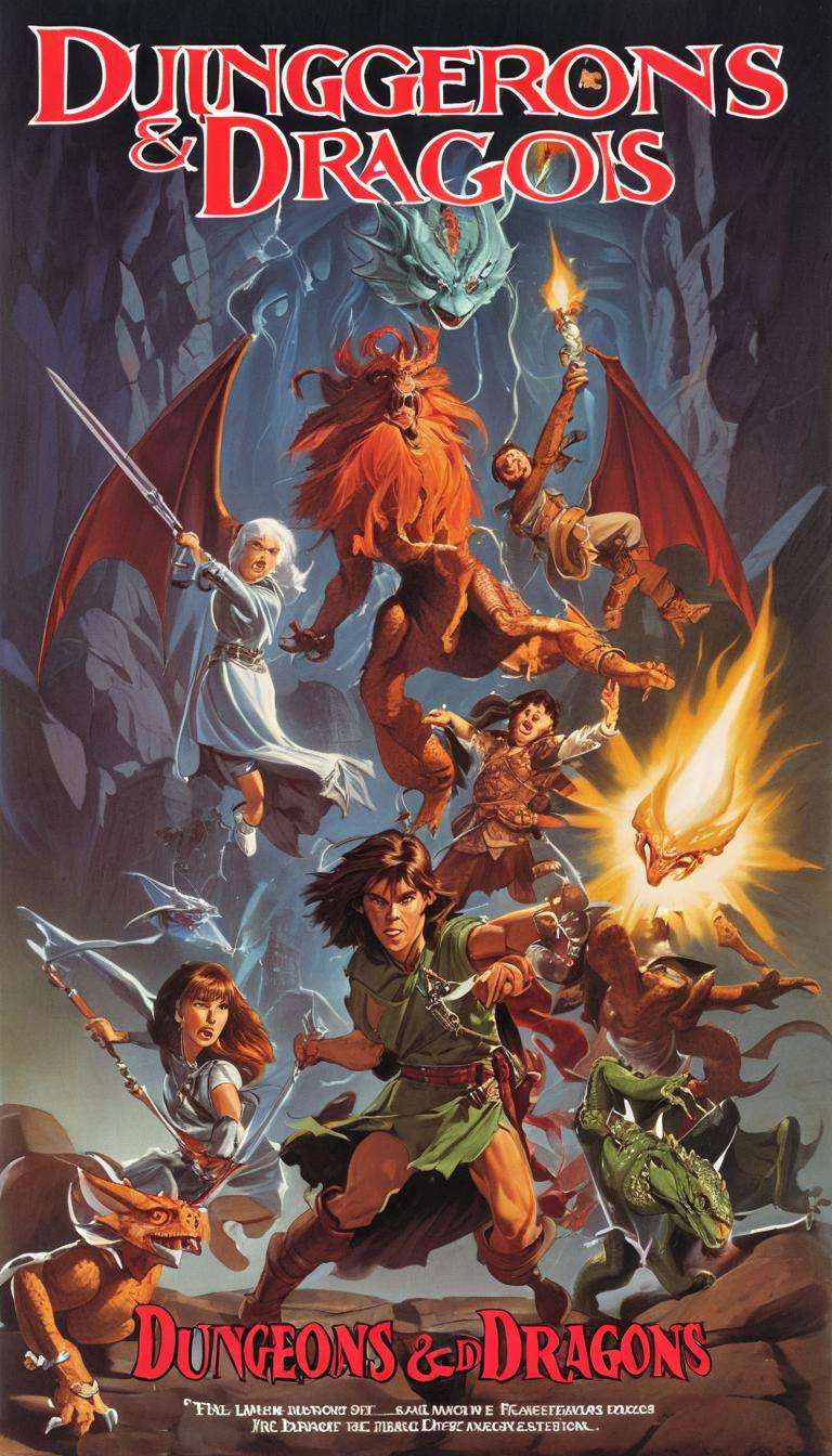 Cinematic scene, movie cover of Dungeons & Dragons, title stating clearly readable "Dungeons & Dragons", detailed background, masterpiece, best quality, high quality, highres, absurdres, vivid, Dungeons and Dragons <lora:dungeons_and_dragons_xl_v2:1>