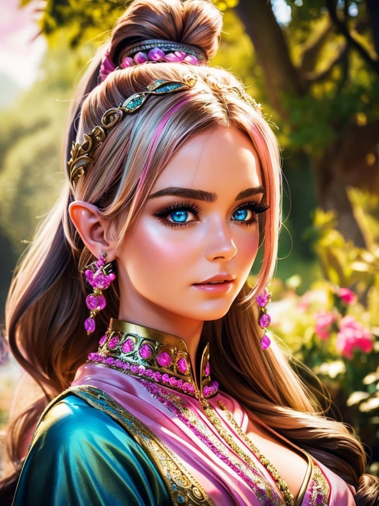 (masterpiece), (best quality), (ultra-detailed), Ultra detailed masterpiece best quality, masterpiece, high definition, beautiful female elven character portrait queen, colorful fantasy, detailed, realistic face, digital portrait, intricate detail, fiverr dnd character, wlop, stanley artgerm lau, ilya kuvshinov, artstation, hd, octane render, hyperrealism, fantasy creature, epic fantasy, pink dress, chocolate brown long curly hair in a ponytail, high ponytail, beautiful silk pink dress encrusted with jewels and diamonds, detailed jewelry, pale blue eyes,perfecteyes