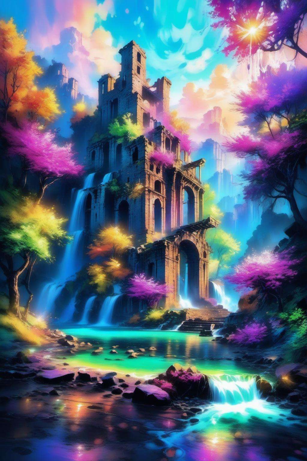 ColorART, colorful, <lora:ColorART:1>, nature, water, ruins, 