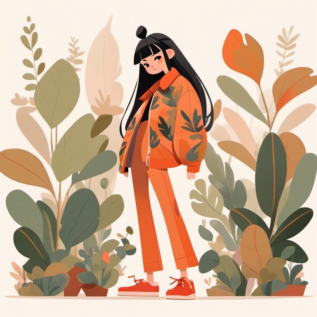 Flat Design, 1girl, solo, long hair, black hair, shoes, full body, leaf, bangs, standing, hands in pockets, red footwear, jacket, orange footwear, print jacket, blush, looking at viewer, plant, white background, pants, blunt bangs, long sleeves, simple background, coat, hair bun