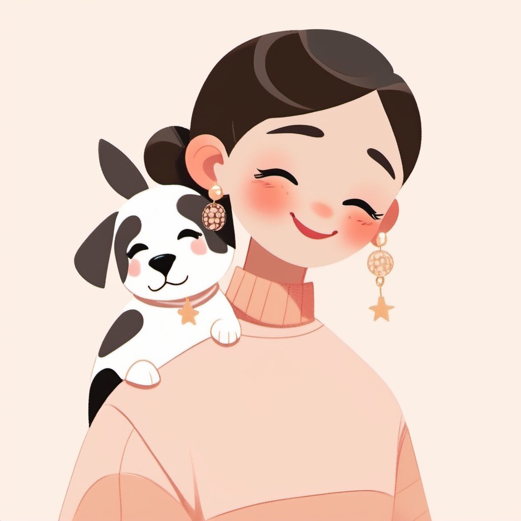 Flat Design, 1girl, hair bun, black hair, closed eyes, earrings, single hair bun, blush, simple background, dog, jewelry, animal, holding animal, white background, smile, profile, holding, long sleeves, from side, solo