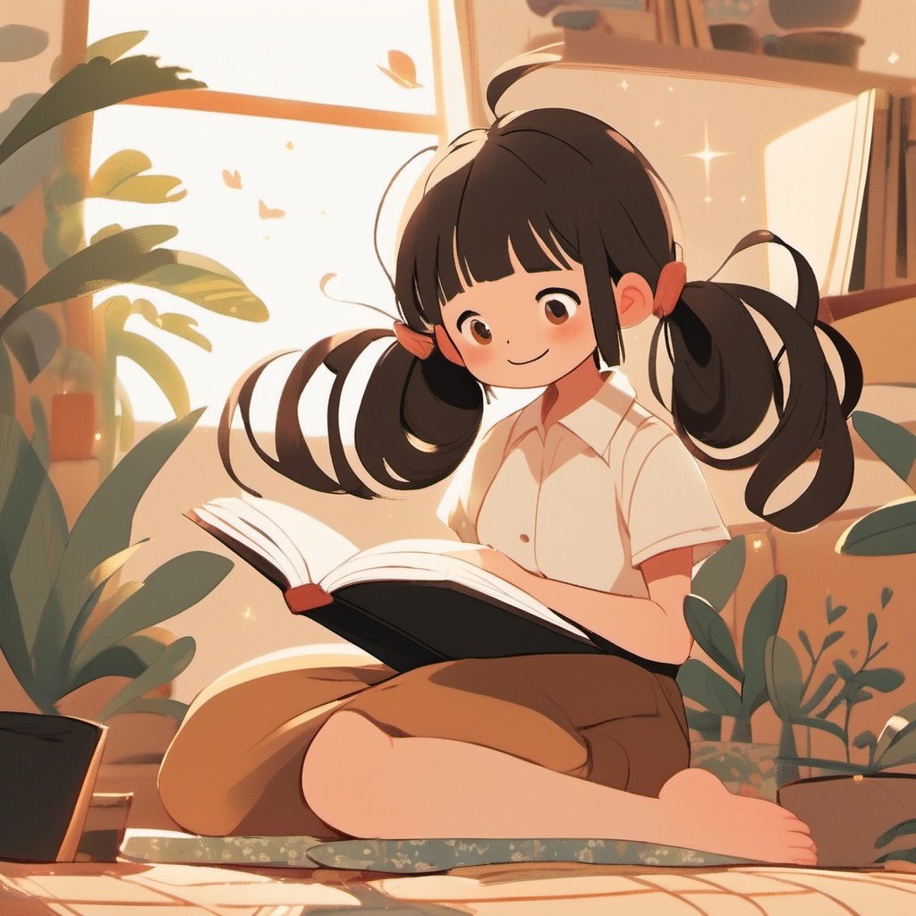 Flat Design, 1girl, solo, barefoot, book, short sleeves, shirt, white shirt, reading, lying, smile, plant, on stomach, blush, open book, brown eyes, collared shirt, braid, long hair, holding, pants, closed mouth, feet up, brown hair, twin braids, bangs, potted plant, looking down, black pants, full body, black hair, skirt, indoors, sparkle, twintails, soles