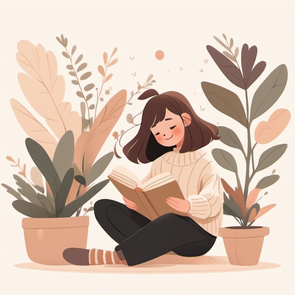 Flat Design, 1girl, solo, long hair, book, plant, closed eyes, sitting, pants, smile, blush, black pants, white background, brown hair, sweater, bangs, socks, long sleeves, white sweater, white socks, potted plant, indian style, holding, simple background, open book, closed mouth, full body