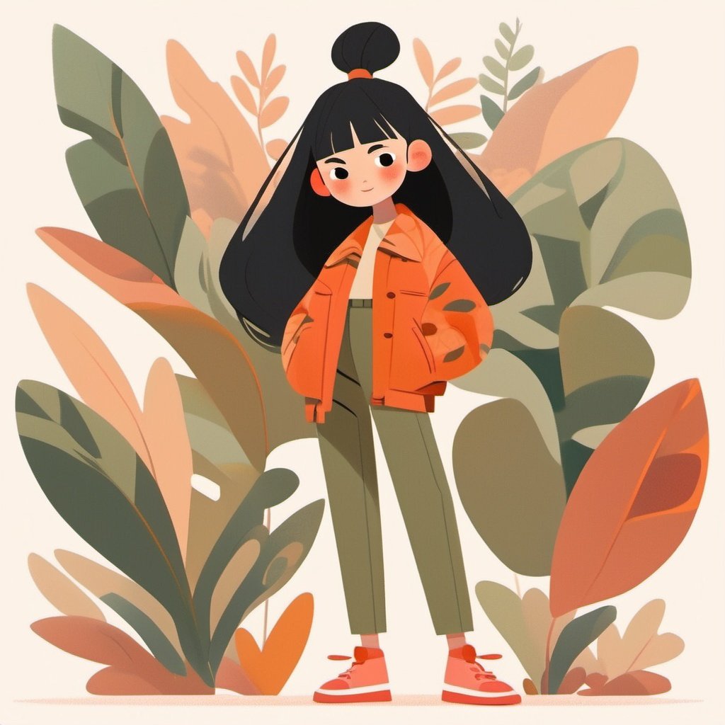 Flat Design, 1girl, solo, long hair, black hair, shoes, full body, leaf, bangs, standing, hands in pockets, red footwear, jacket, orange footwear, print jacket, blush, looking at viewer, plant, white background, pants, blunt bangs, long sleeves, simple background, coat, hair bun