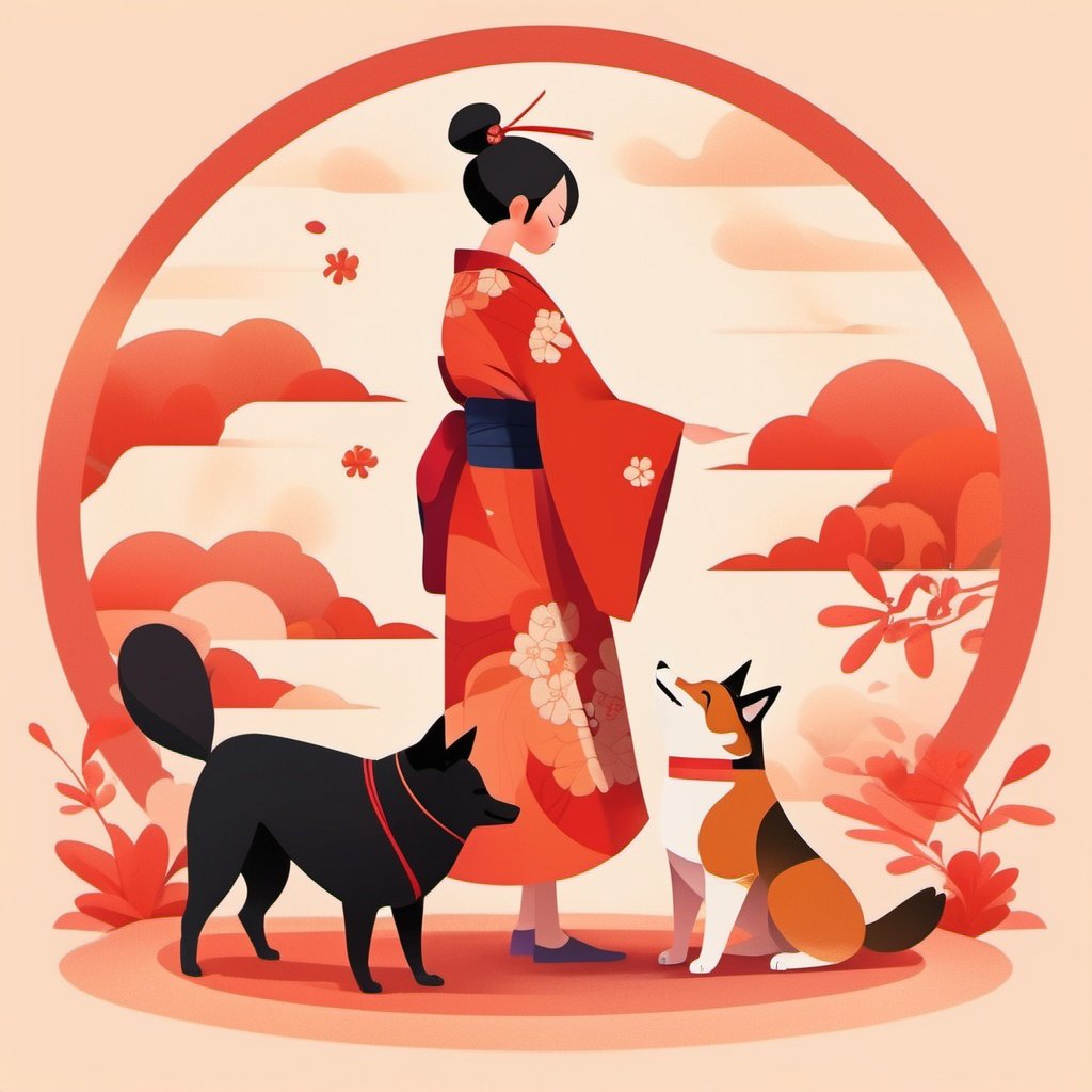 Flat Design, 1girl, japanese clothes, dog, closed eyes, black hair, hakama, skirt, wide sleeves, kimono, long sleeves, standing, full body, hakama skirt, solo, profile, animal, smile, circle, short hair, hair bun, shiba inu, red hakama