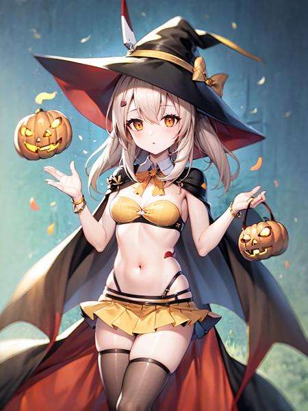 masterpiece, best quality, <lora:aya6-3:1>, halloween, orange_skirt, cape, navel