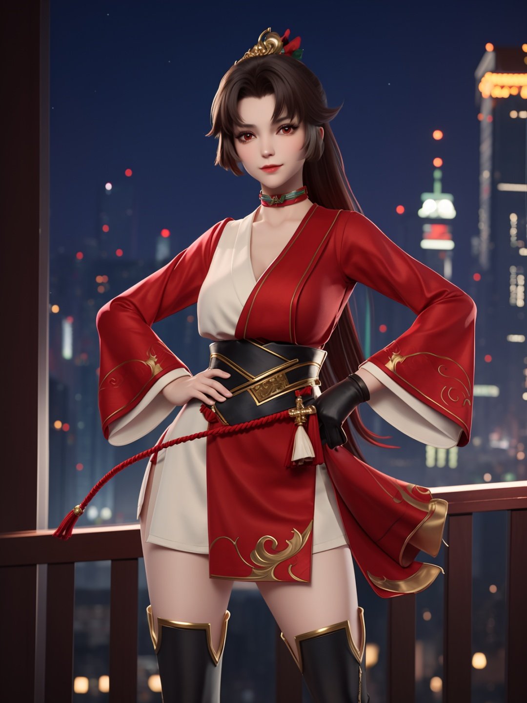 WZRYyunyingYP, 1girl, solo, thigh boots, hair ornament, looking at viewer, red eyes,single glove,sash,red dress,obi,choker,<lora:WZRYyunyingYP:0.75>,cowboy shot, cityscape, night, mature female, hand on hip, 