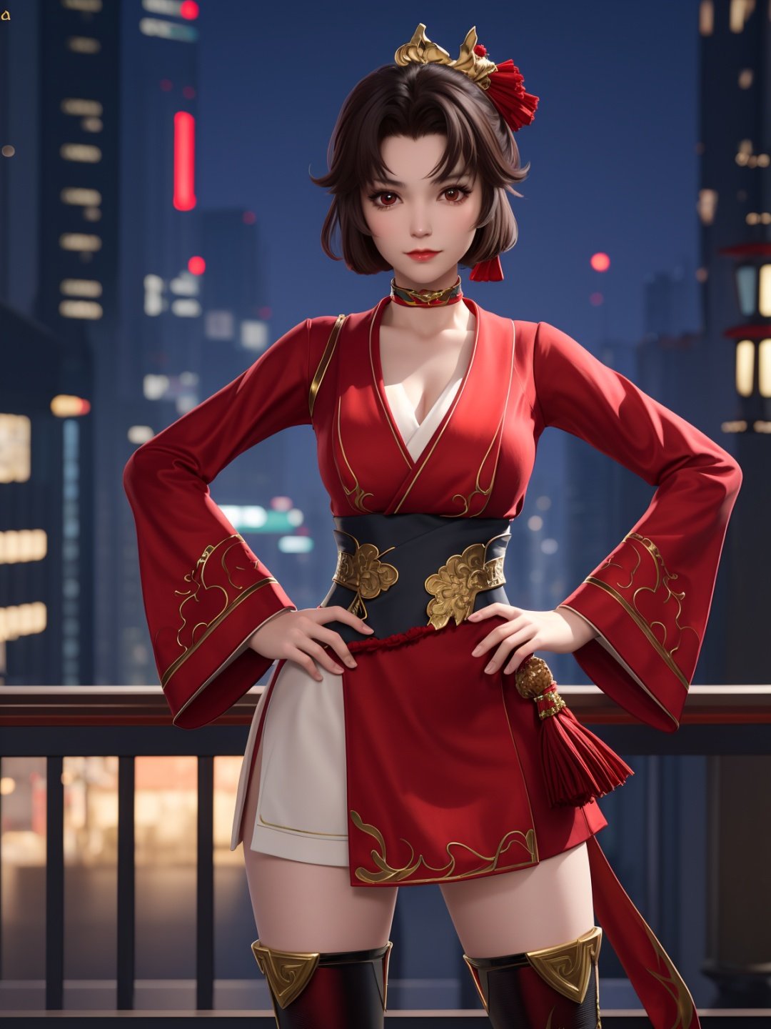 WZRYyunyingYP, 1girl, solo, thigh boots, hair ornament, looking at viewer, red eyes,single glove,sash,red dress,obi,choker,<lora:WZRYyunyingYP:0.75>,cowboy shot, cityscape, night, mature female, hand on hip, 