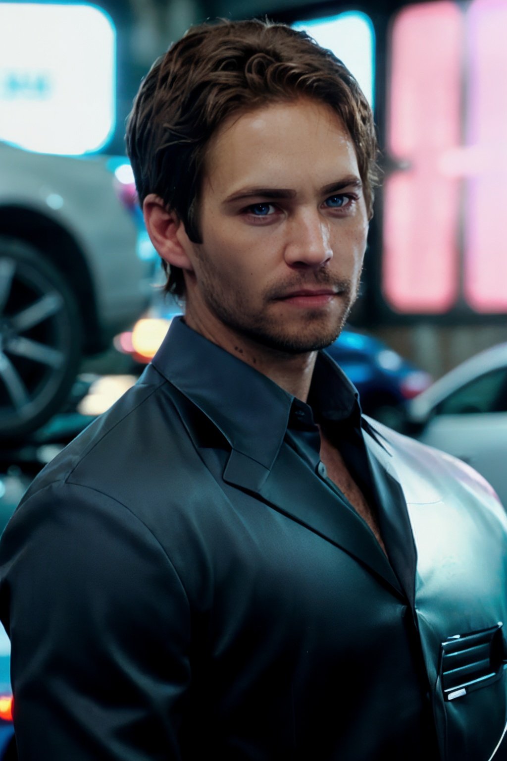 cinematic photo p4ul wearing a mechanic's suit, in a car repair shop, blue skyline r34,r34, realistic, facial hair, shirt, beard, blue eyes,brown hair, collared shirt,looking at viewer,<lora:p4ul-03:1> . 35mm photograph, film, bokeh, professional, 4k, highly detailed