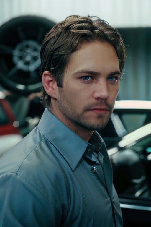 cinematic photo p4ul wearing a mechanic's suit, in a car repair shop, blue skyline r34,r34, realistic, facial hair, shirt, beard, blue eyes,brown hair, collared shirt,looking at viewer,<lora:p4ul-03:1> . 35mm photograph, film, bokeh, professional, 4k, highly detailed