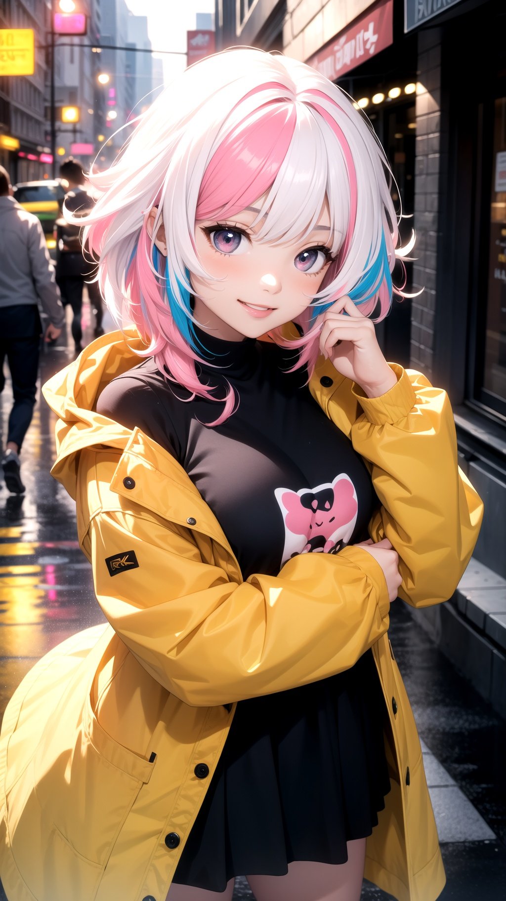 (masterpiece, best quality:1.2), (1girl), streets, yellow rain coat,  best quality, happy, smile, heavy rain, ((multicolored, white hair, pink hair)), city, cowboy shot