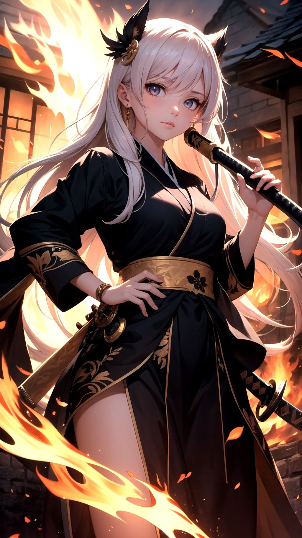 (masterpiece, best quality:1.2), 1girl, beautiful hair, golden eyes, katana, flames, burning houses, glowing, sidelighting, wallpaper,