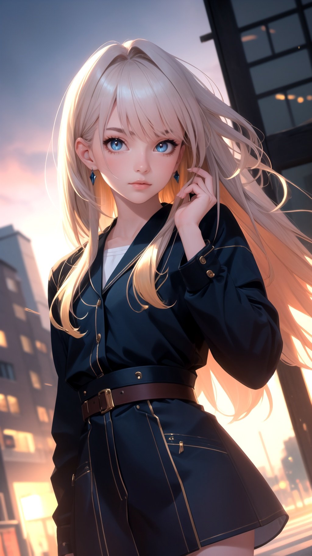 (gradient hair, dutch angle:1.3), film grain, chromatic aberration, city, masterpiece, best quality, raw photo, photorealistic, absurdres, beautiful girl, perspective, cowboy shot, highres, ultra detailed, detailed eyes and face, sharp pupils, realistic pupils, sharp focus, summer, night,
