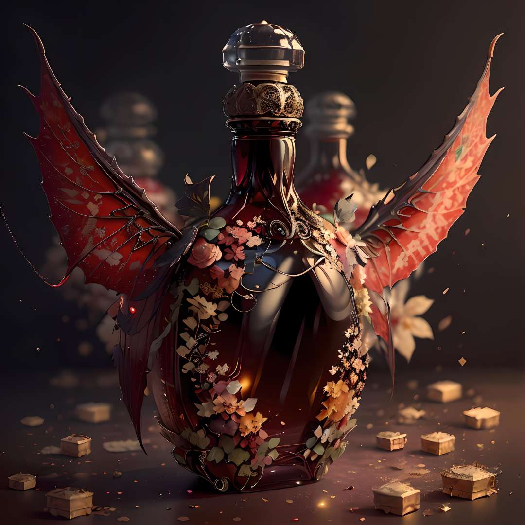 (masterpiece, top quality, best quality, official art, beautiful and aesthetic:1.2),(8k, best quality, masterpiece:1.2),CGbottlesw, no humans, blurry, blurry background, still life, wings, bottle, depth of field, Metal sculptures with glass bottles on them, glass bottles, Metal sculptures, red bottles,<lora:CGbottlesw_20230611232152:1>,