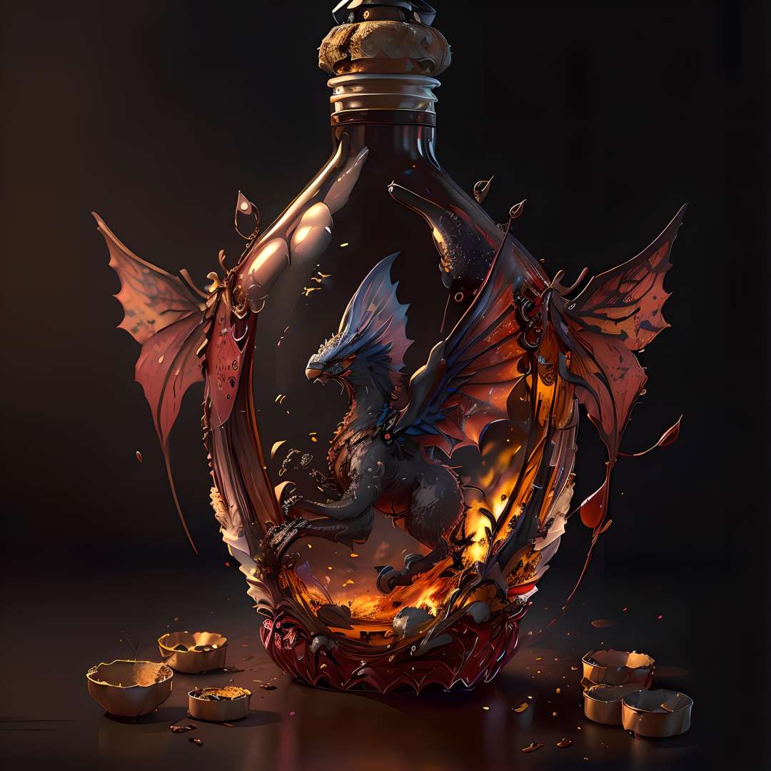 (masterpiece, top quality, best quality, official art, beautiful and aesthetic:1.2),(8k, best quality, masterpiece:1.2),CGbottlesw, no humans, blurry, blurry background, still life, wings, bottle, depth of field, Metal sculptures with glass bottles on them, glass bottles, Metal sculptures, red bottles,<lora:CGbottlesw_20230611232152:1>,