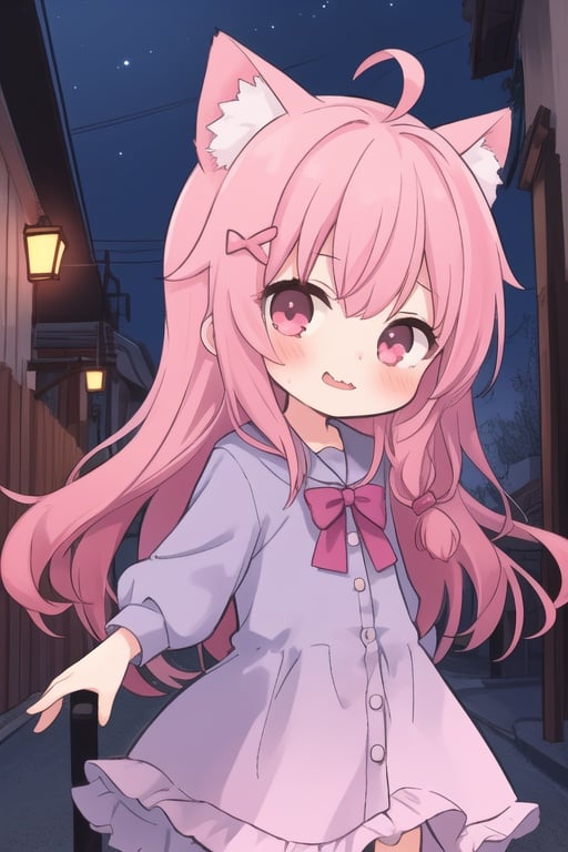 (1girl,loli),looking at viewer,night,alley,naughty_face,(pink hair, ahoge),