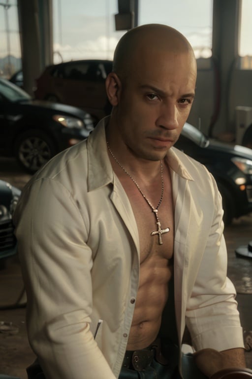 cinematic film still cinematic photo t0r3t0  in a car repair shop, male focus, realistic, bald,necklace, looking at viewer, facial hair, jacket, <lora:t0r3t0-03:1> . 35mm photograph, film, bokeh, professional, 4k, highly detailed . shallow depth of field, vignette, highly detailed, high budget Hollywood movie, bokeh, cinemascope, moody, epic, gorgeous, film grain, grainy