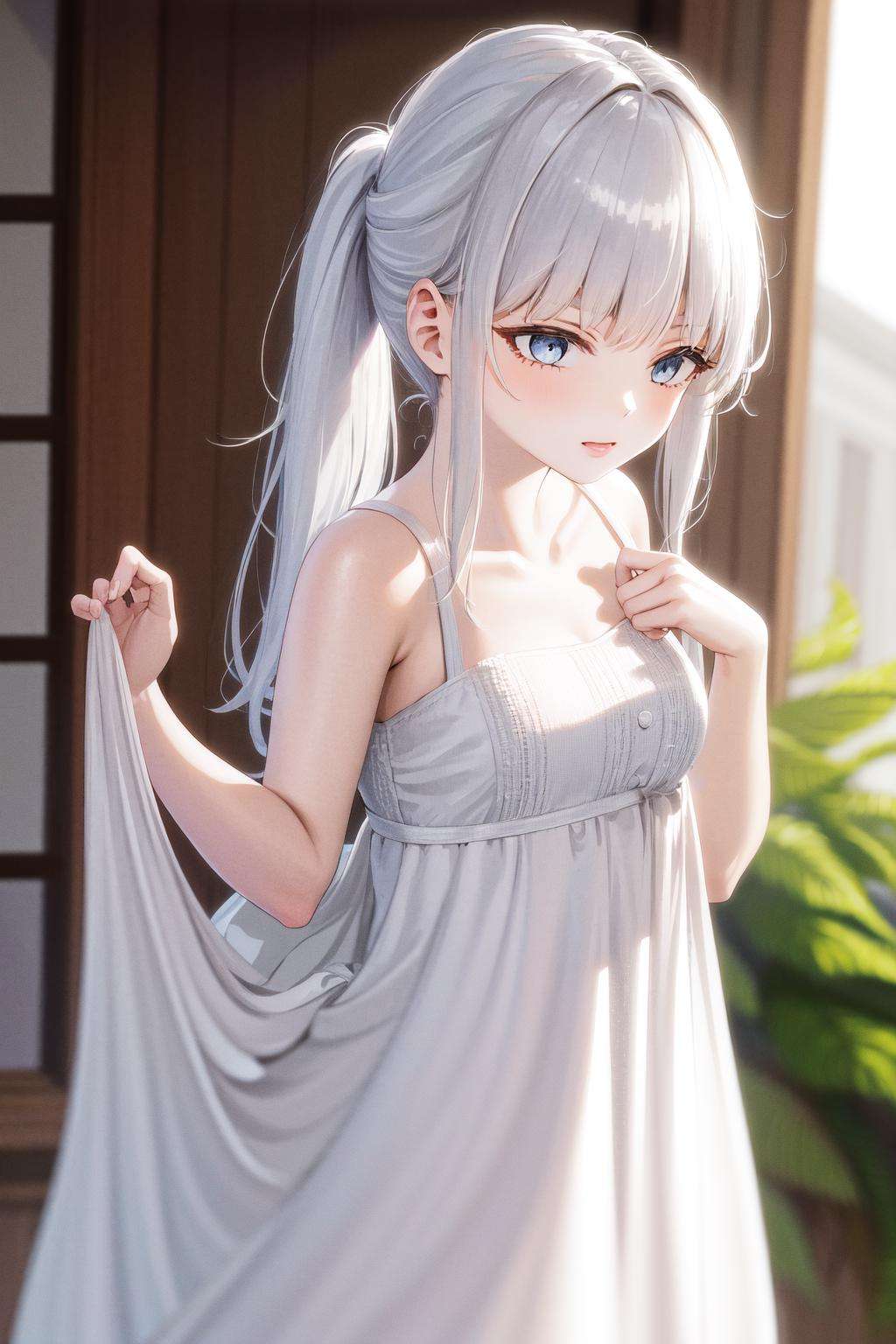 masterpiece, best quality, highres, 1girl white hair blue eyes ponytail long hair <lora:phanora_no_outfit:1> white dress