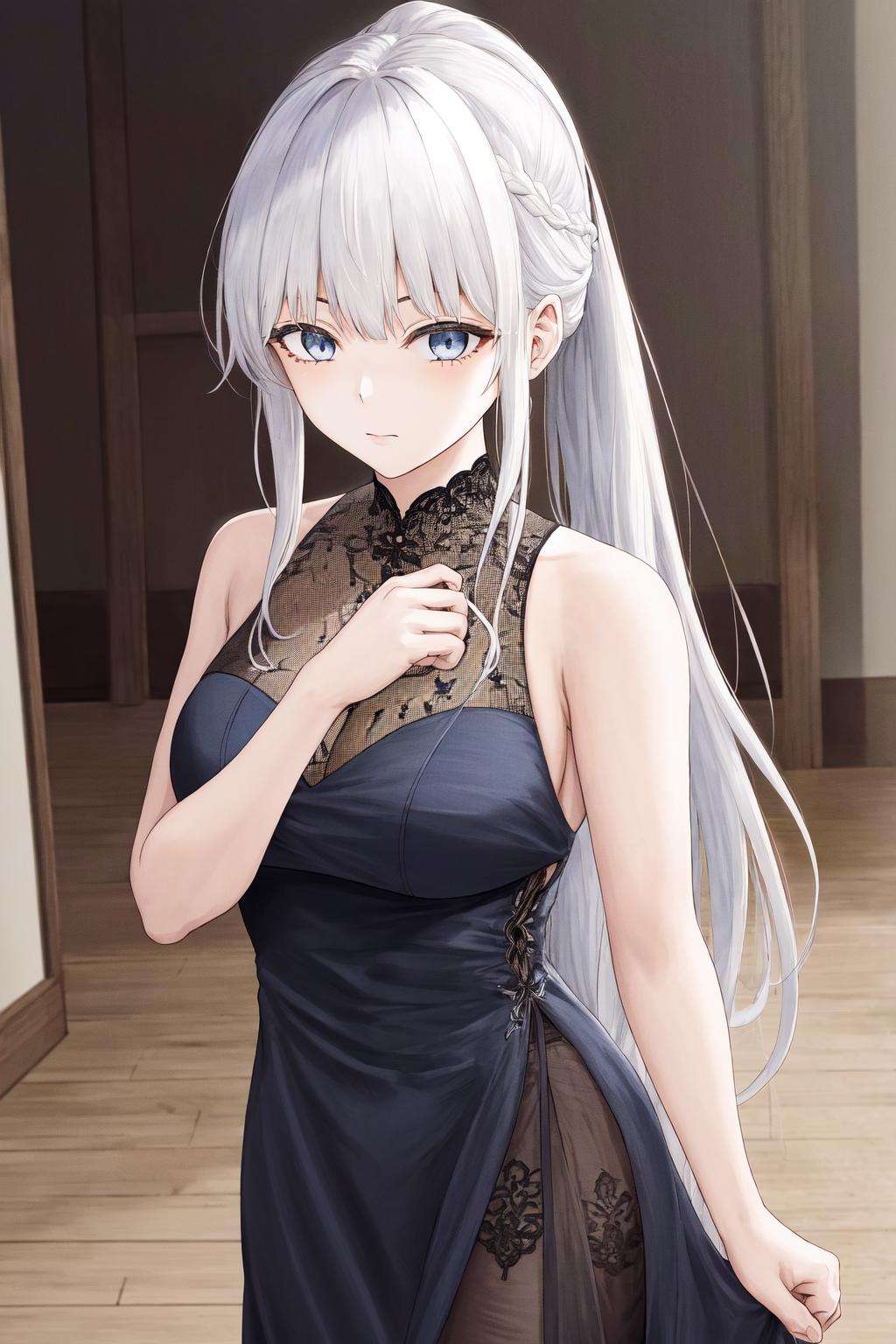 masterpiece, best quality, highres, 1girl white hair blue eyes ponytail long hair <lora:phanora_no_outfit:1> black dress