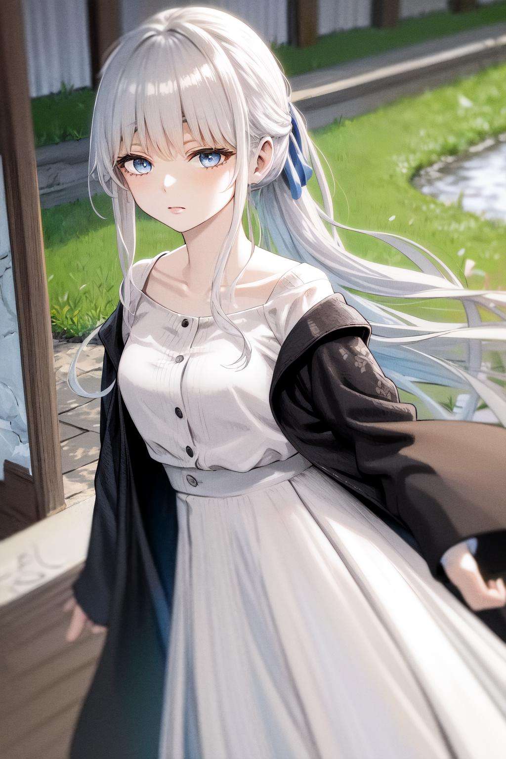 masterpiece, best quality, highres, 1girl white hair blue eyes ponytail long hair, black coat long sleeves dress white skirt white shirt collarbone <lora:phanora:1>