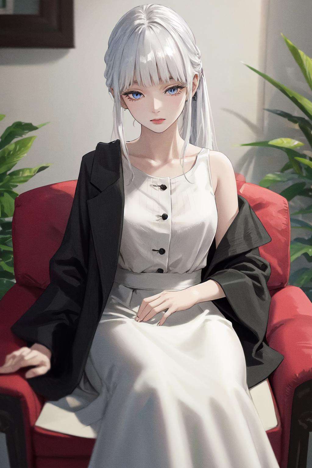 masterpiece, best quality, highres, 1girl white hair blue eyes ponytail long hair, black coat long sleeves dress white skirt white shirt collarbone <lora:phanora:1> sitting on chair