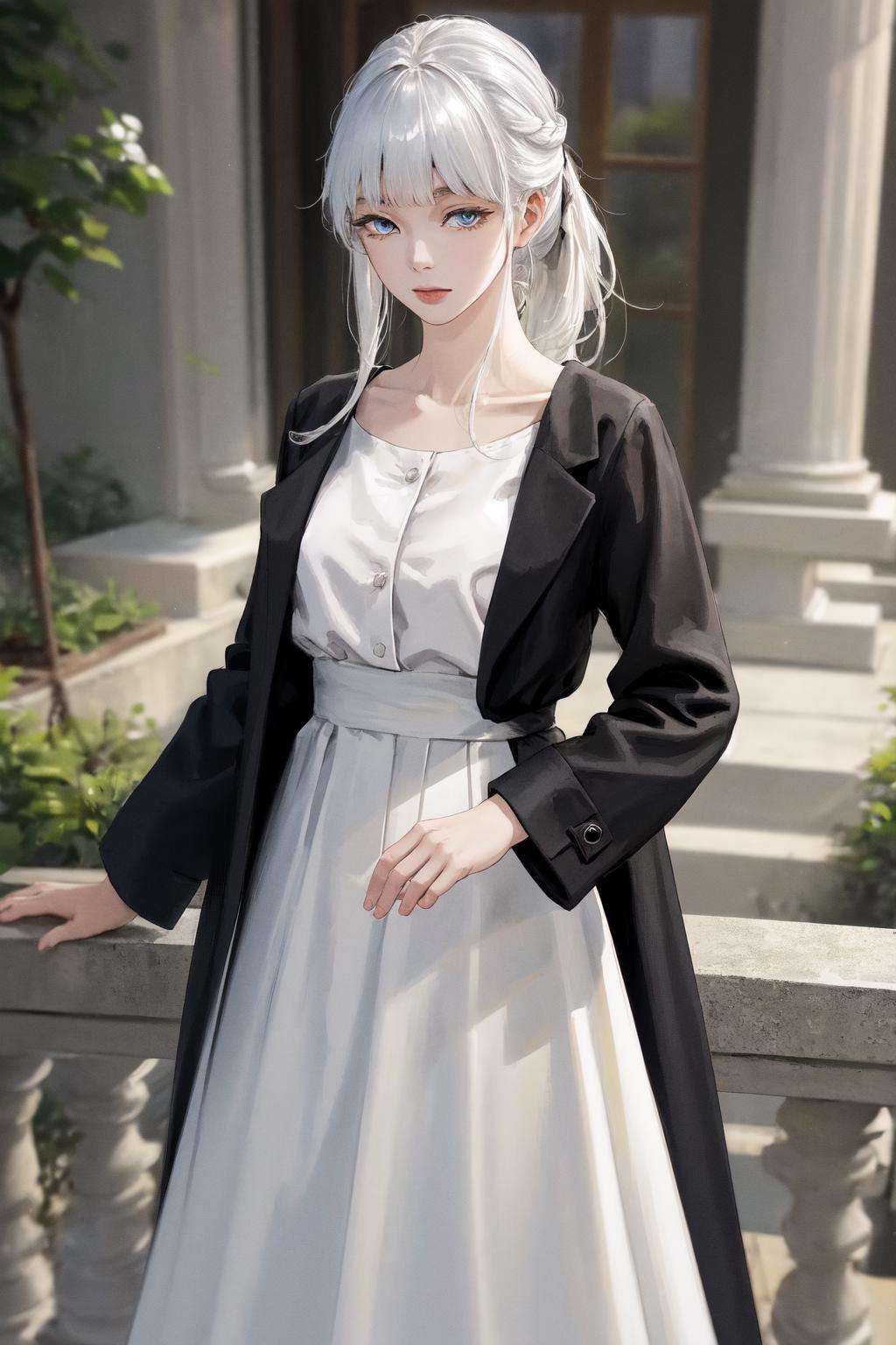 masterpiece, best quality, highres, 1girl white hair blue eyes ponytail long hair, black coat long sleeves dress white skirt white shirt collarbone <lora:phanora:1> photorealistic, looking at viewer