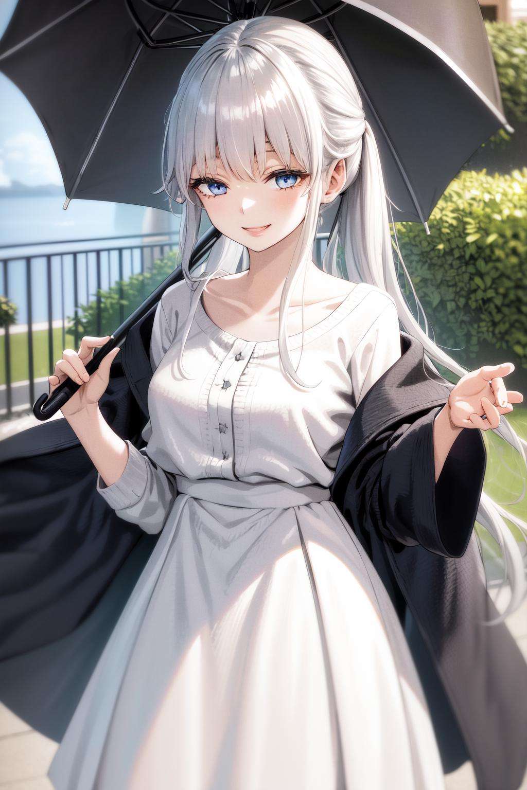 masterpiece, best quality, highres, 1girl white hair blue eyes ponytail long hair, black coat long sleeves dress white skirt white shirt collarbone <lora:phanora:1> holding umbrella, smile