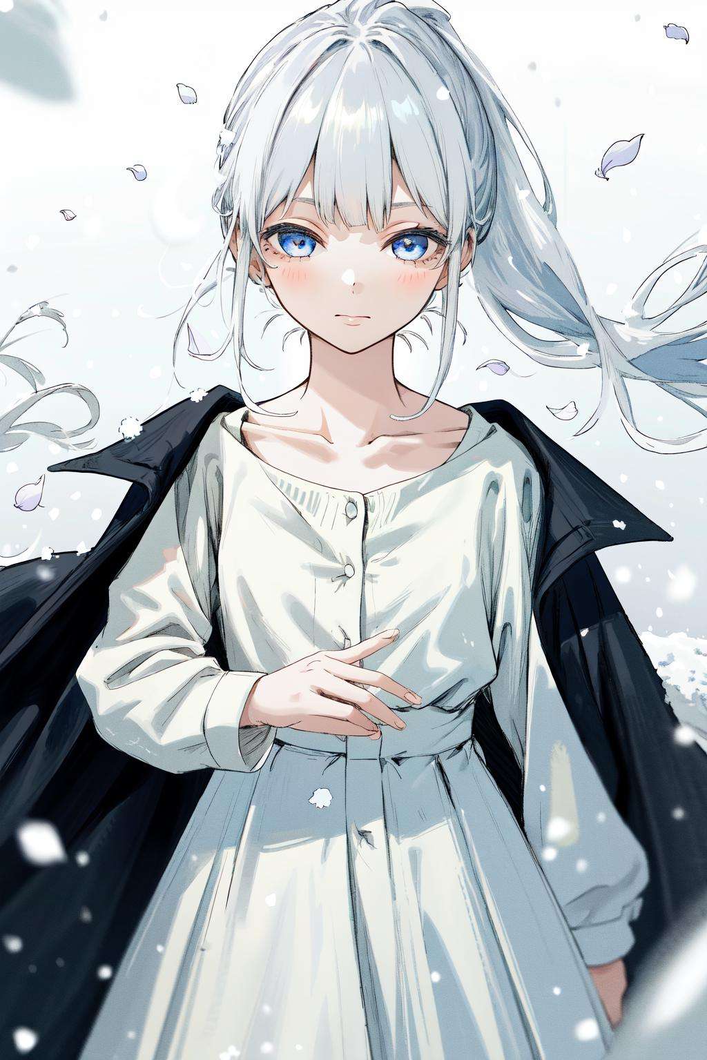 masterpiece, best quality, highres, 1girl white hair blue eyes ponytail long hair, black coat long sleeves dress white skirt white shirt collarbone <lora:phanora:1> petals, looking at viewer, white background, snow, snowing