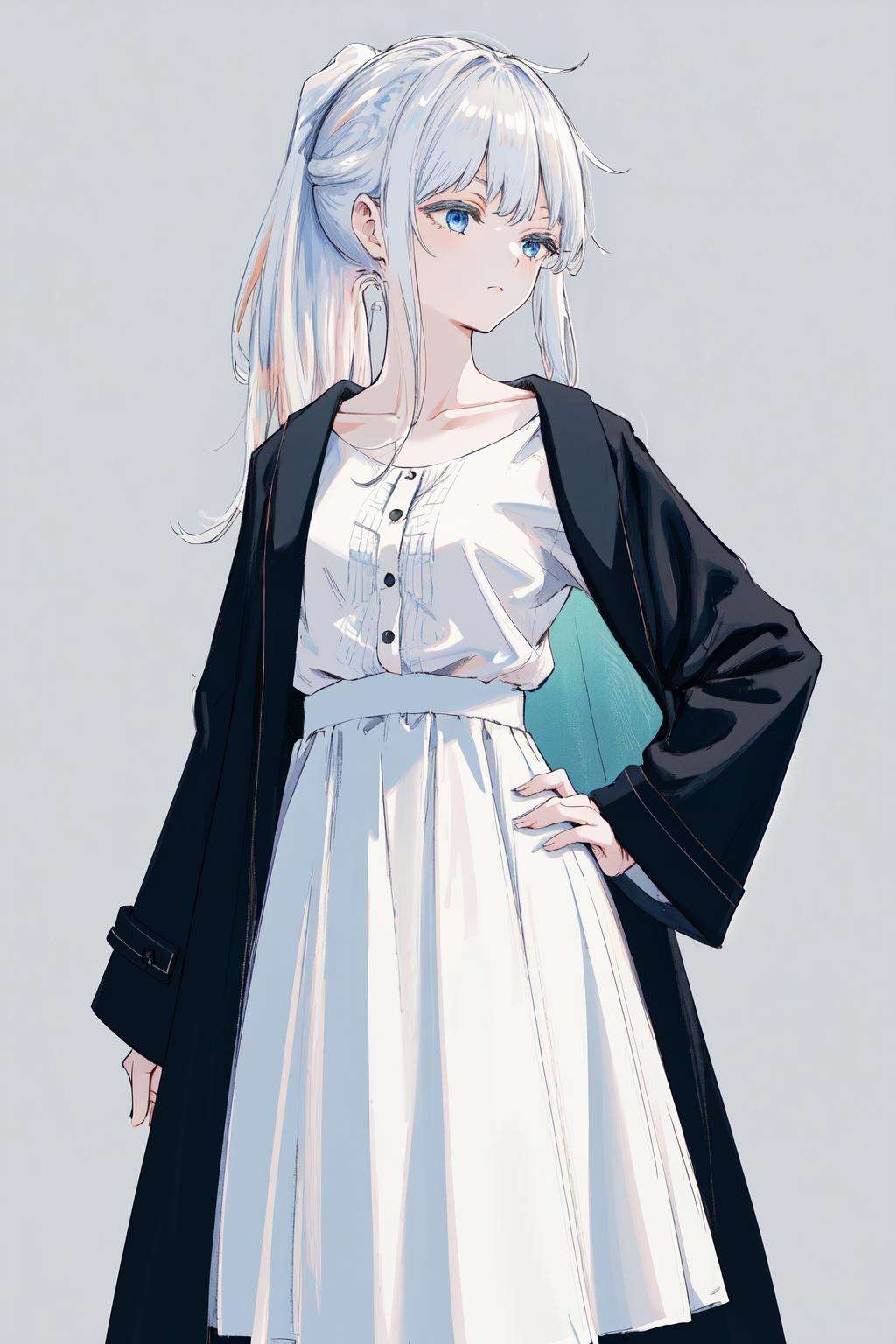 masterpiece, best quality, highres, 1girl white hair blue eyes ponytail long hair, black coat long sleeves dress white skirt white shirt collarbone <lora:phanora:1> hand on hip, standing, simple background