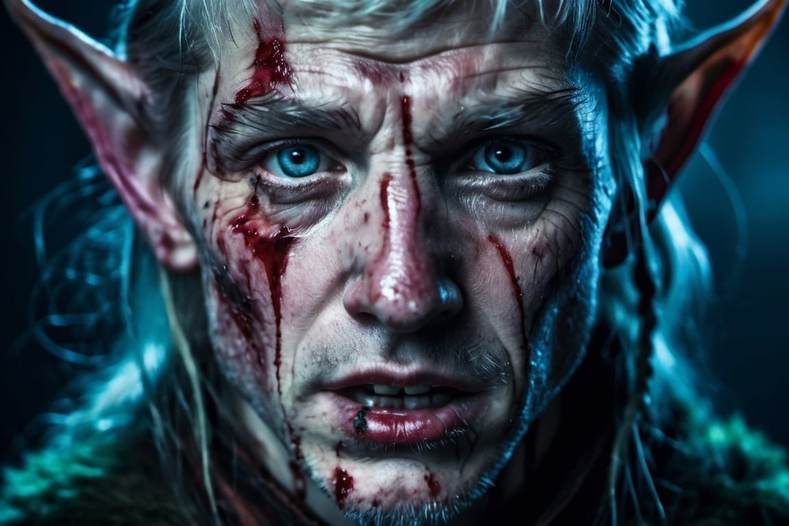 closeup shot of old elf, fang, savage, painful, high detail skin, blood on face, scar on face, (tortured, beaten).
