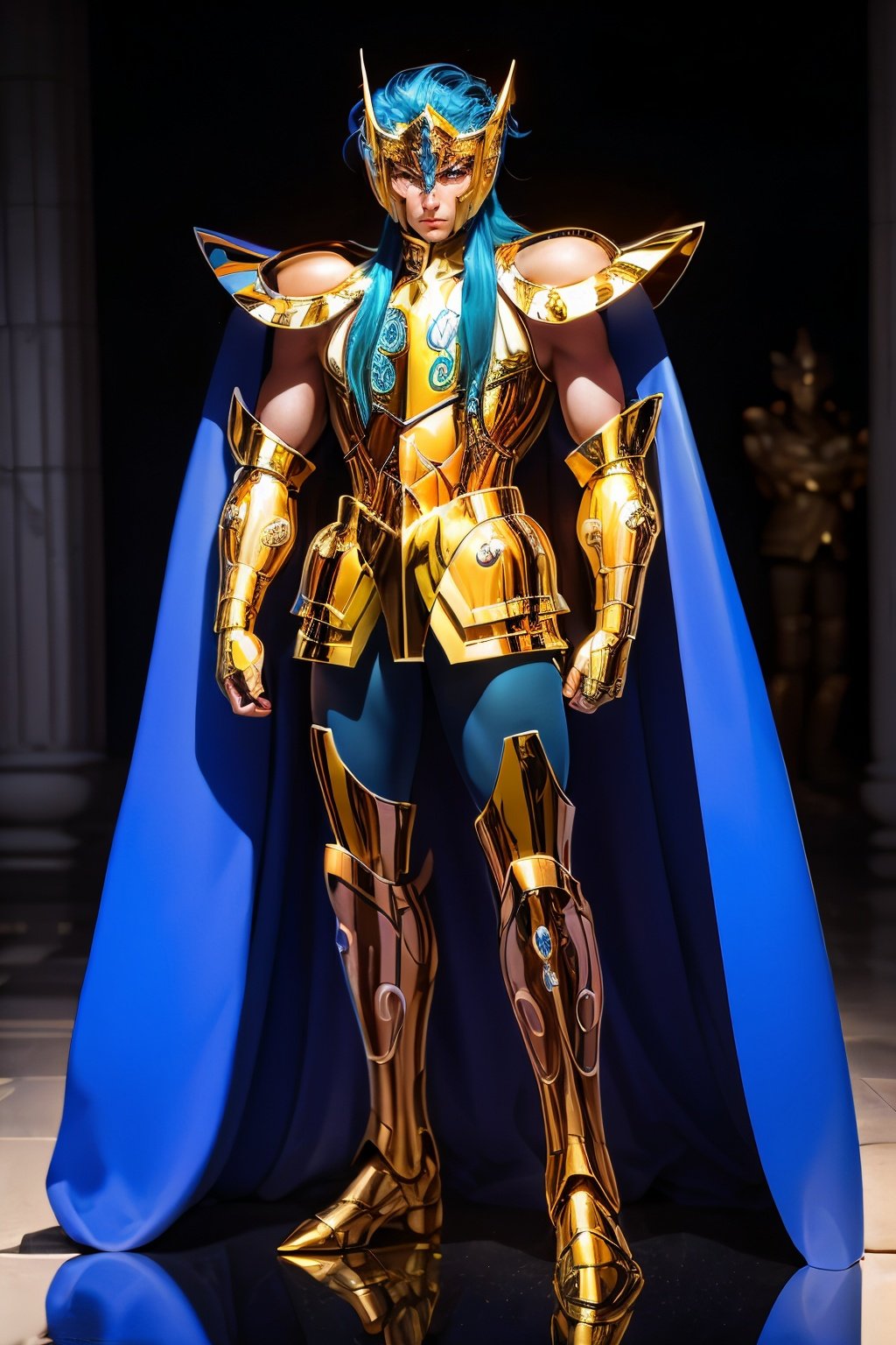 A man, male details, Kamus Aquarius from Saint Seiya, standing in front of a giant ice cube, masterpiece, best quality, highly detailed RAW color photo, sharp focus, 8k high definition, long hair, turtle neck, male wearing gold armor, (klein blue hair:1.2), blue eyes, helmet, leg armor, shoulder armor, yellow armor, reflection on armor, headset, yellow headband, sparking armor, blue skin-tight vinyl, at night, dark temple with Greek pillars, Aquarius Armor, standing straight, sacredness, landscape, bright, facial freckles (0.1), to8contrast style, posing in a dark temple with Greek pillars, rim lighting (1.4), two-tone lighting with icy blue highlights, octane, unreal, dimly lit, low key (1.3), moonlight reflection, aura of coldness, frosty atmosphere.