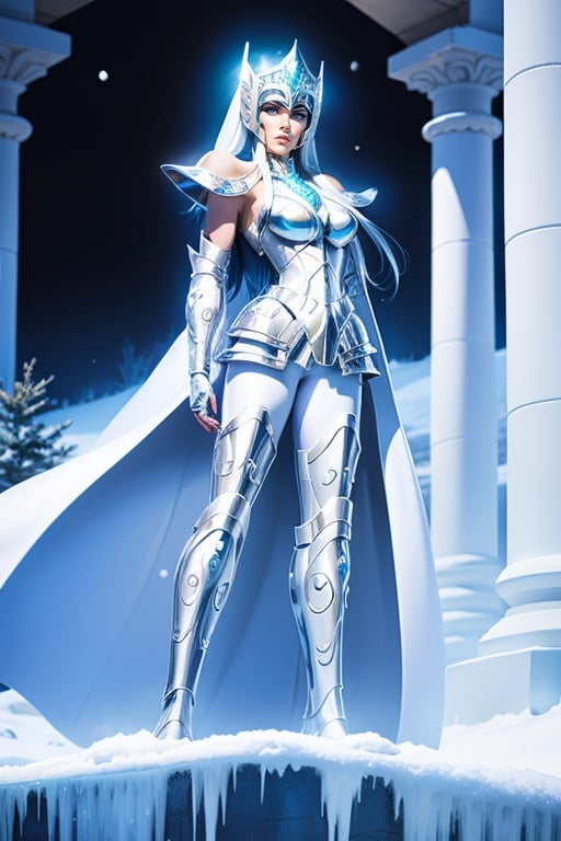 powerful female character with all white Aquarius armor, super realistic, full body vision, (white armor: 1.5), scenery with many elements of ice, snow and fog
