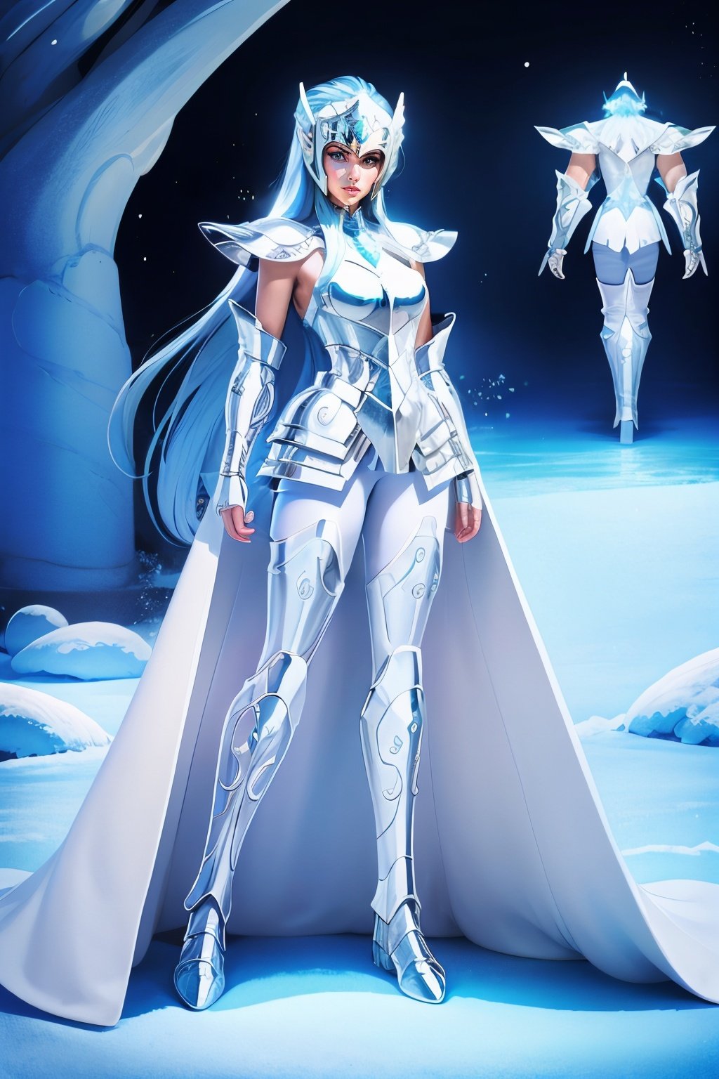 powerful female character with all white Aquarius armor, super realistic, full body vision, (white armor: 1.5), scenery with many elements of ice, snow and fog
