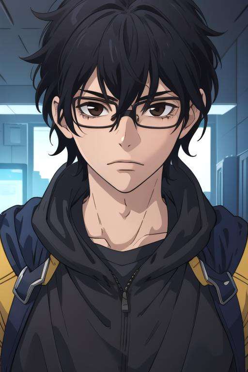 masterpiece, best quality, photorealistic, 1boy, solo, male focus, looking at viewer, , depth of field, <lora:momo_sakaki:0.68>, momo_sakaki, black hair, brown eyes, hair between eyes, glasses, superhero costume, science fiction cyber-thriller,